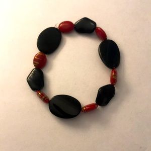 Red and black with gold accent stretchy beaded bracelet
